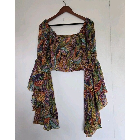 Live 4 Truth Blouse Womens M Boho Bell Sleeve Crop Smocked Colorful Indie Hippie - Picture 5 of 9
